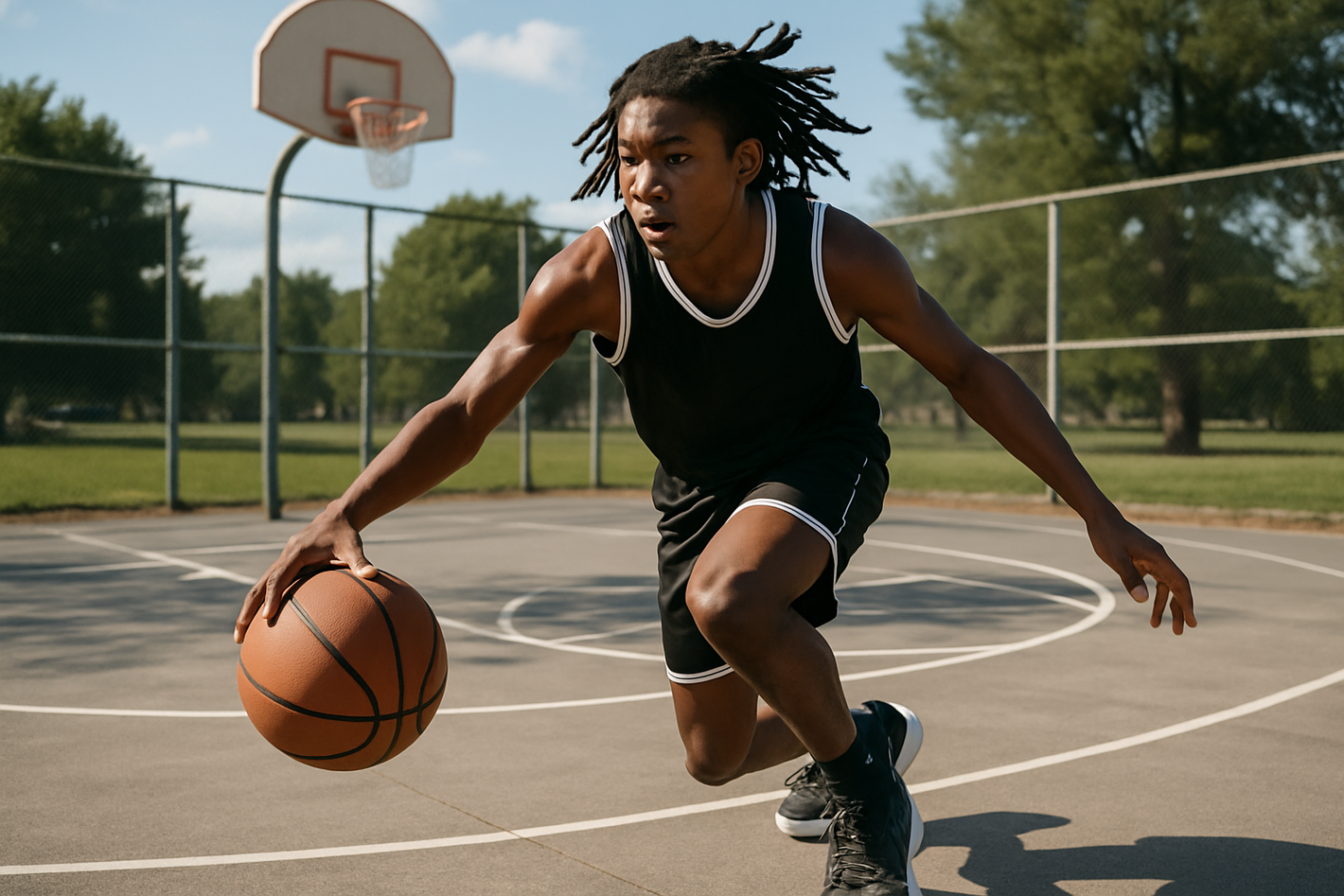 black teenager with dreads playing basketball